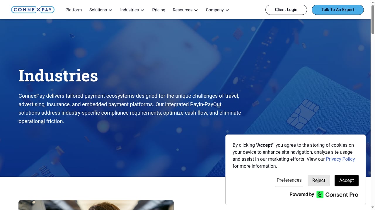 First viewport screenshot of Industries - ConnexPay