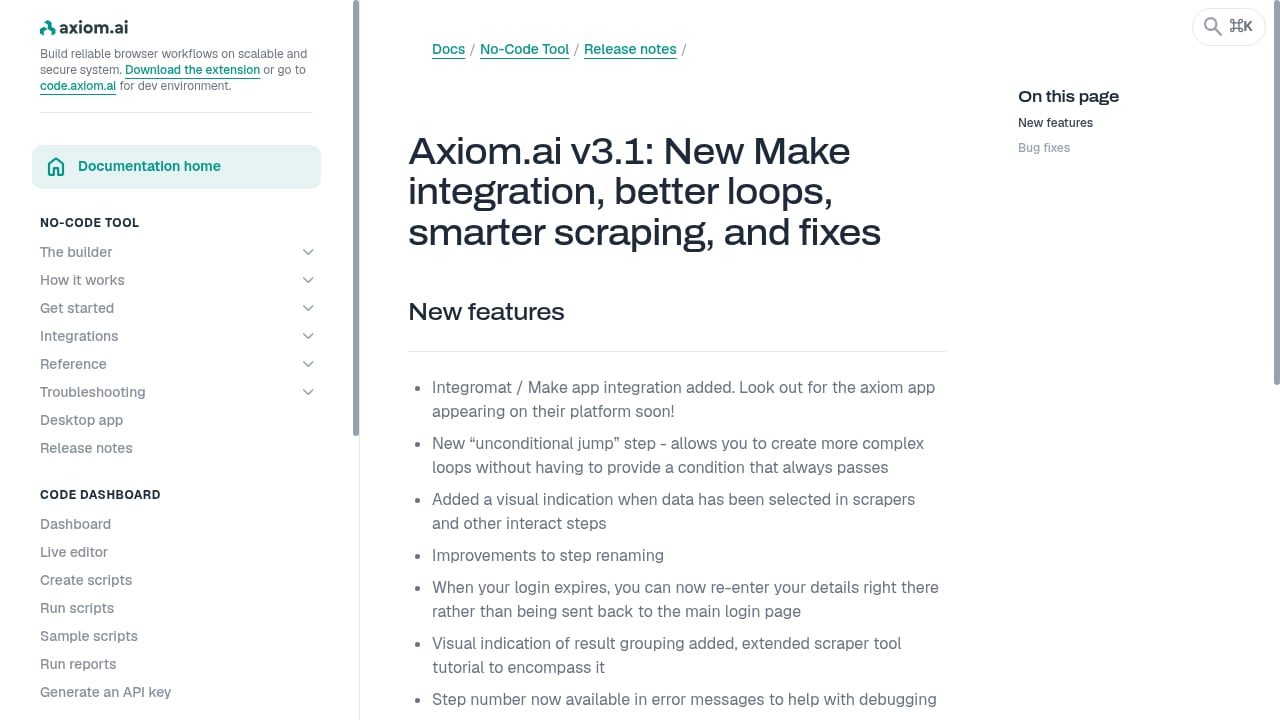 First viewport screenshot of Axiom.ai v3.1: New Make integration, better loops, smarter scraping, and fixes