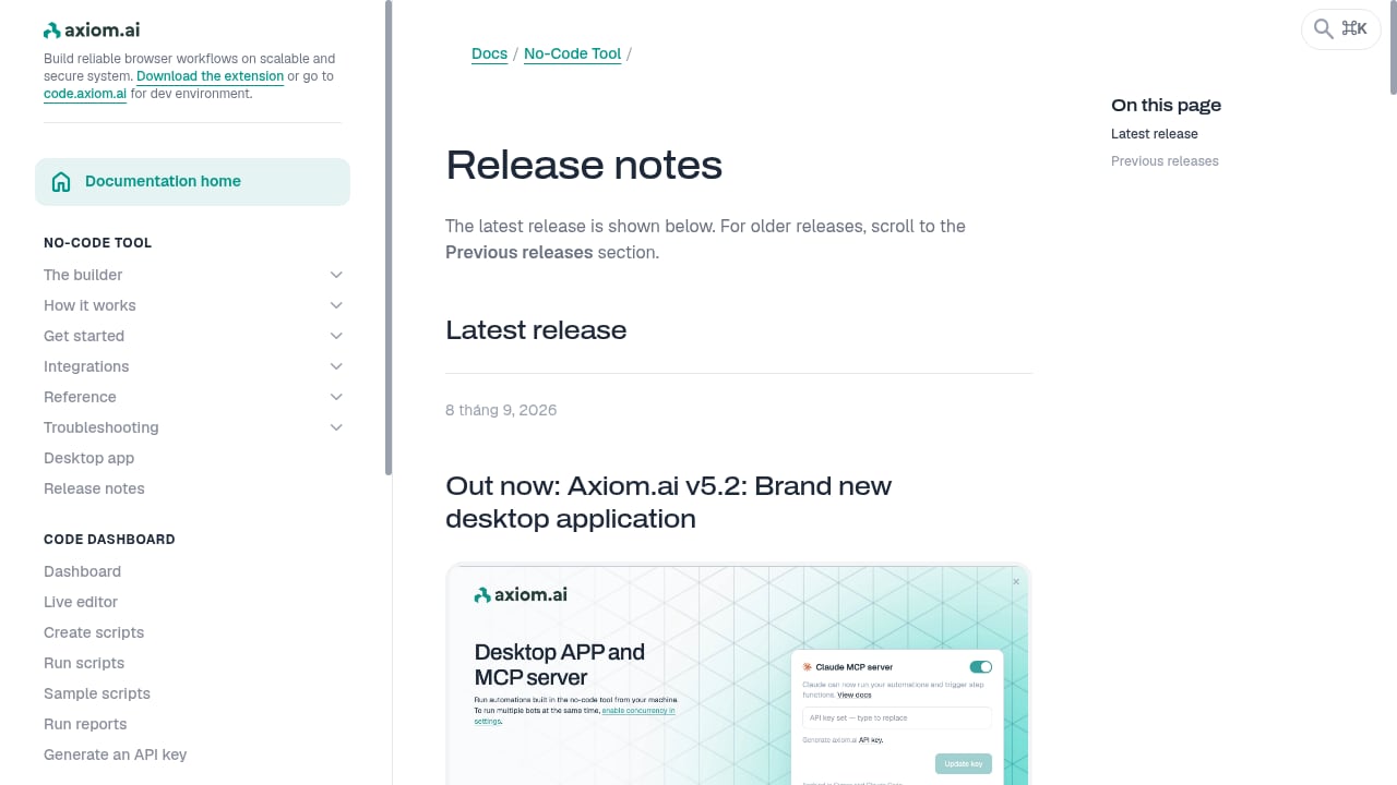 First viewport screenshot of Latest axiom.ai release notes and previous updates