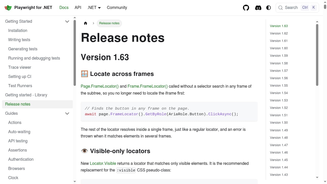 First viewport screenshot of Release notes | Playwright .NET