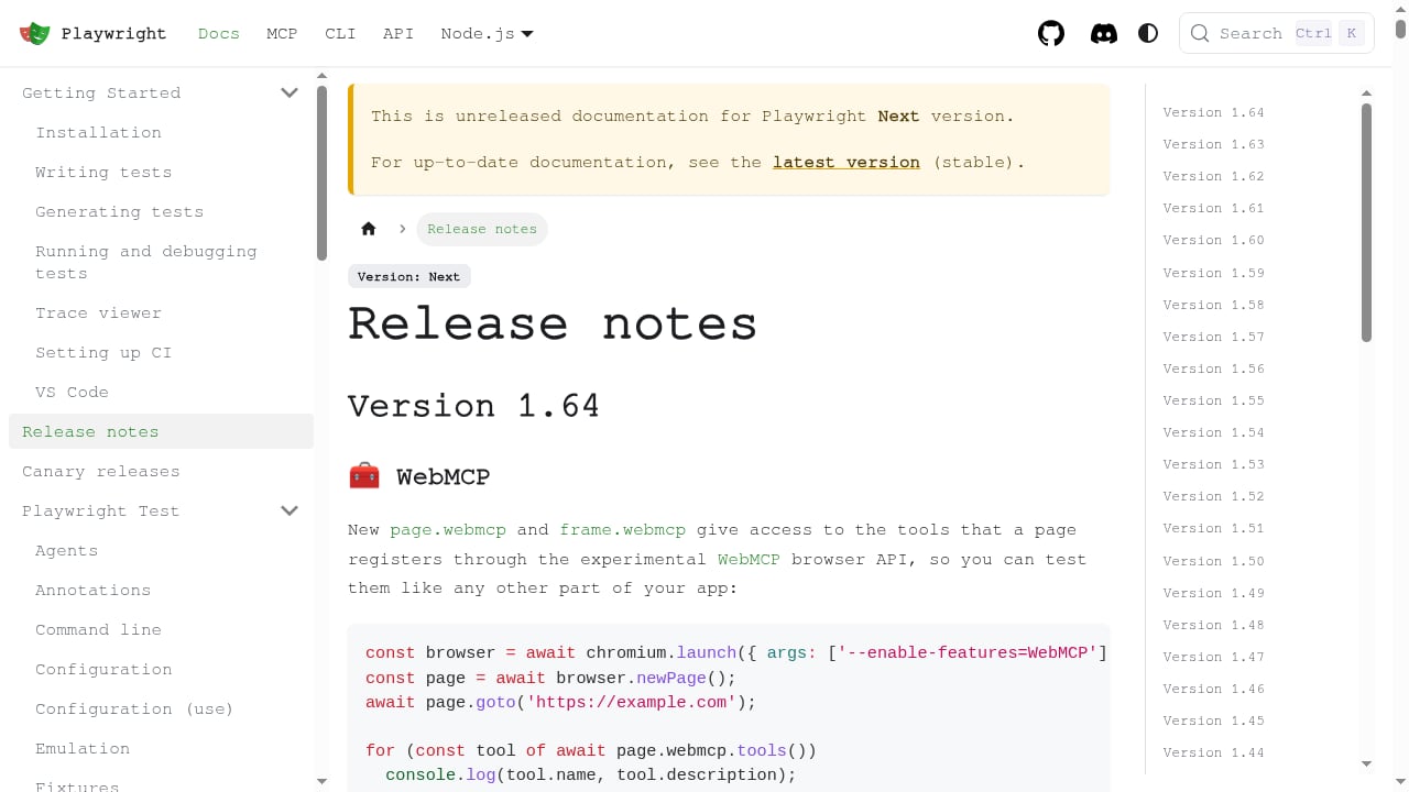 First viewport screenshot of Release notes | Playwright