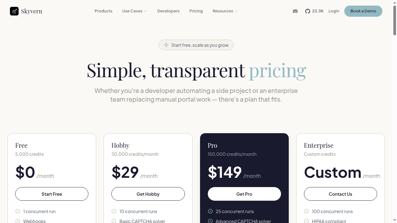 First viewport screenshot of Skyvern Pricing — Free to Enterprise Automation Plans