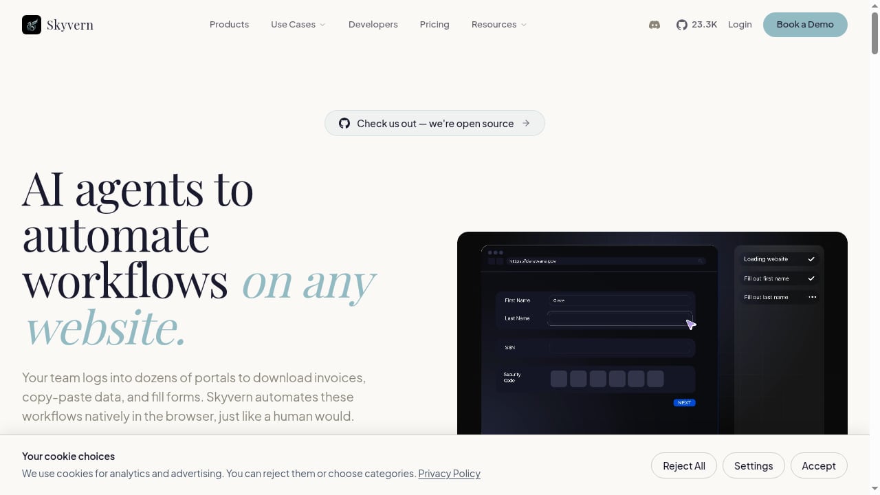 First viewport screenshot of Skyvern — AI-Powered Browser Automation for Any Website