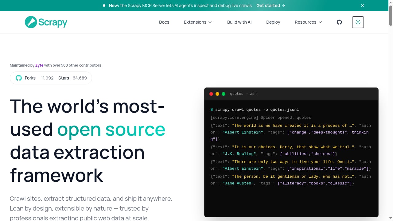 First viewport screenshot of Scrapy — open source web scraping framework for Python