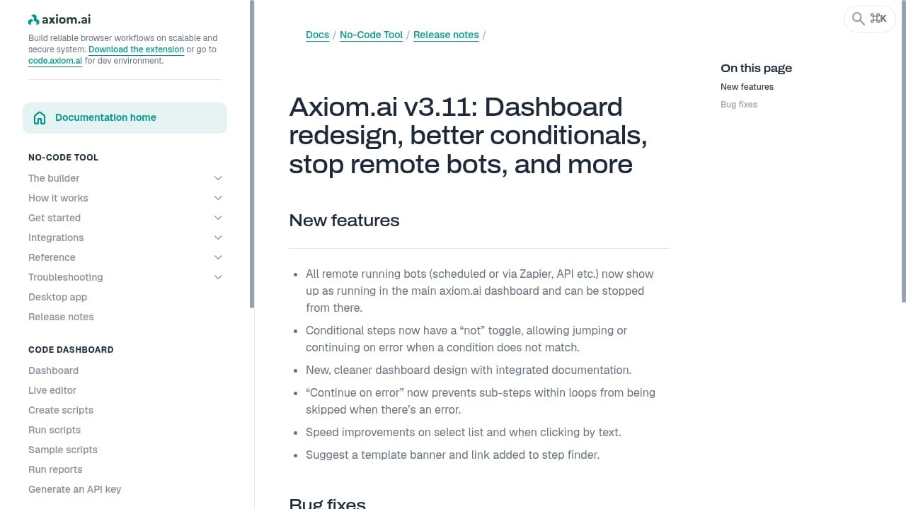 First viewport screenshot of Axiom.ai v3.11: Dashboard redesign, better conditionals, stop remote bots, and more