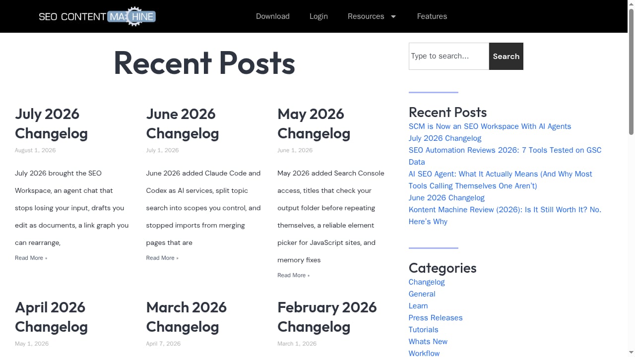 First viewport screenshot of Changelog | SEO Content Machine