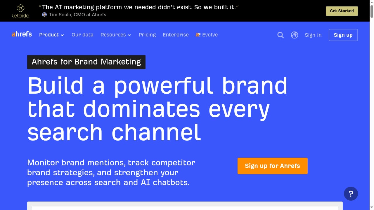 First viewport screenshot of AI Marketing Platform for Brand & PR Specialists | Ahrefs