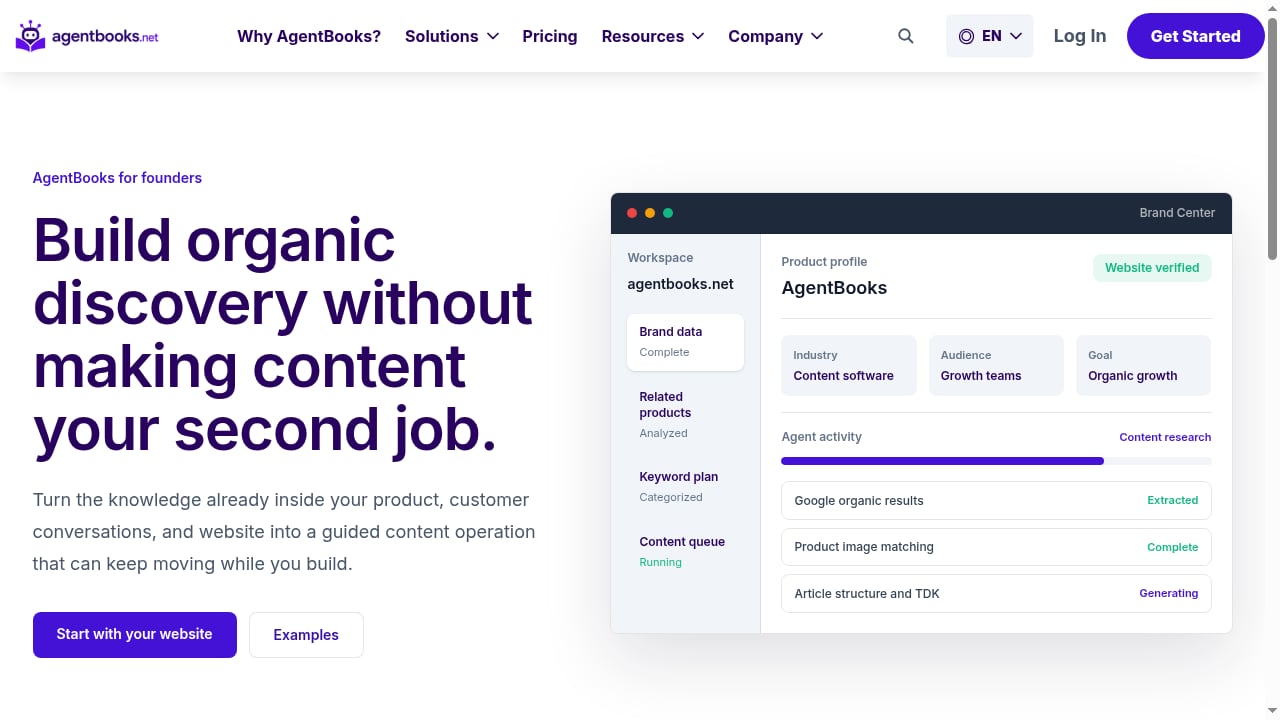 First viewport screenshot of Build organic discovery without making content your second job. | AgentBooks