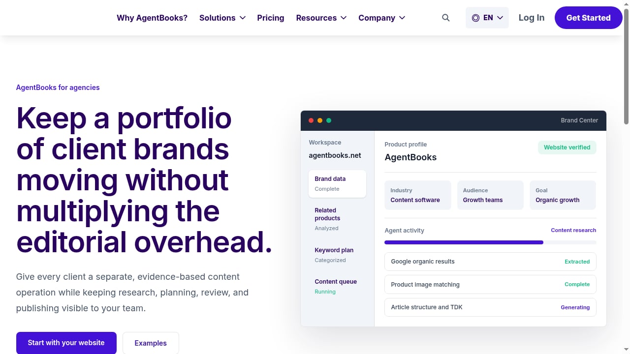 First viewport screenshot of Keep a portfolio of client brands moving without multiplying the editorial overhead. | AgentBooks