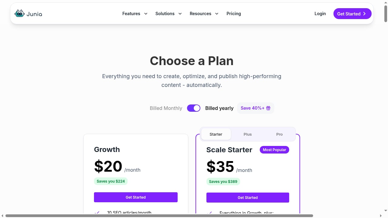 First viewport screenshot of Junia AI Pricing: Affordable AI SEO Content Plans From $17/mo