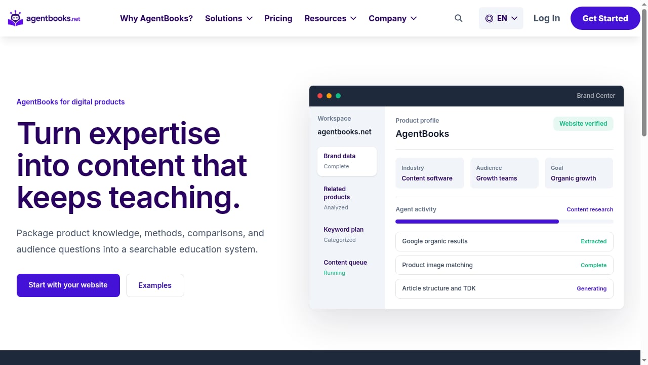 First viewport screenshot of Turn expertise into content that keeps teaching. | AgentBooks