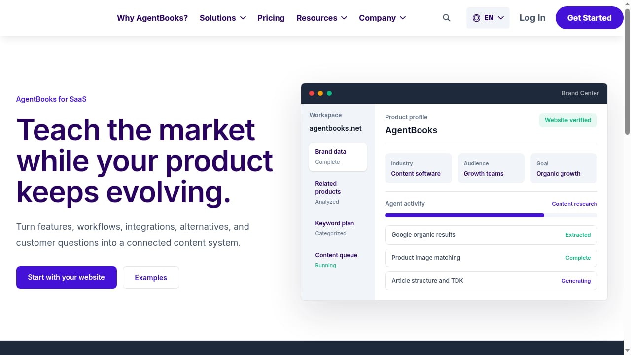 First viewport screenshot of Teach the market while your product keeps evolving. | AgentBooks