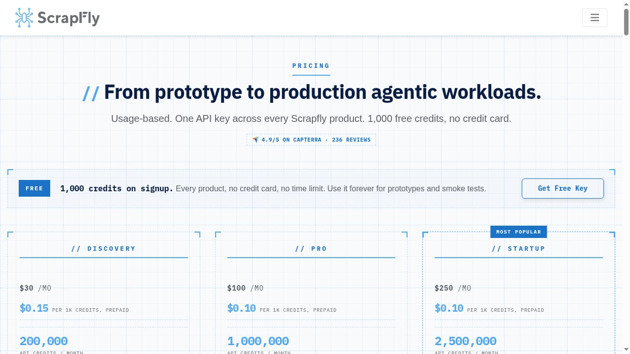 First viewport screenshot of Scrapfly Pricing - Web Scraping API, Cloud Browser, Screenshot. One Key, Every Product.