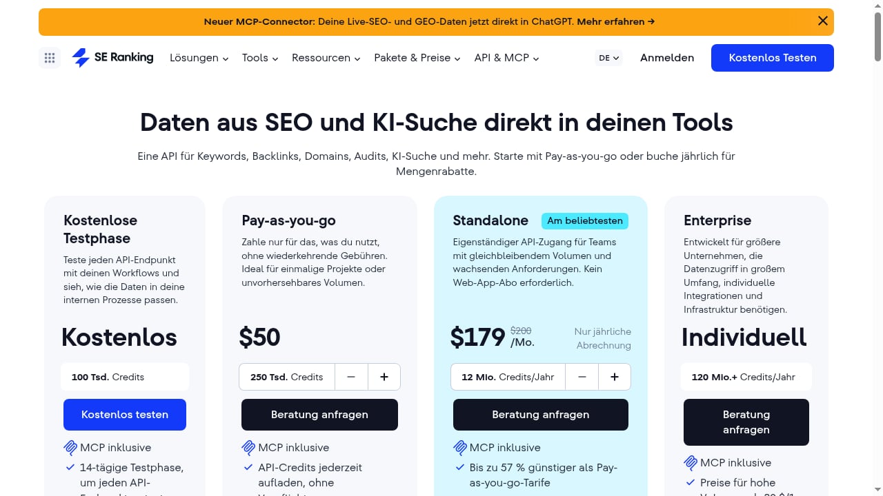 First viewport screenshot of SE Ranking API-Preise: kostenlos testen, PAYG, Jahrespläne
