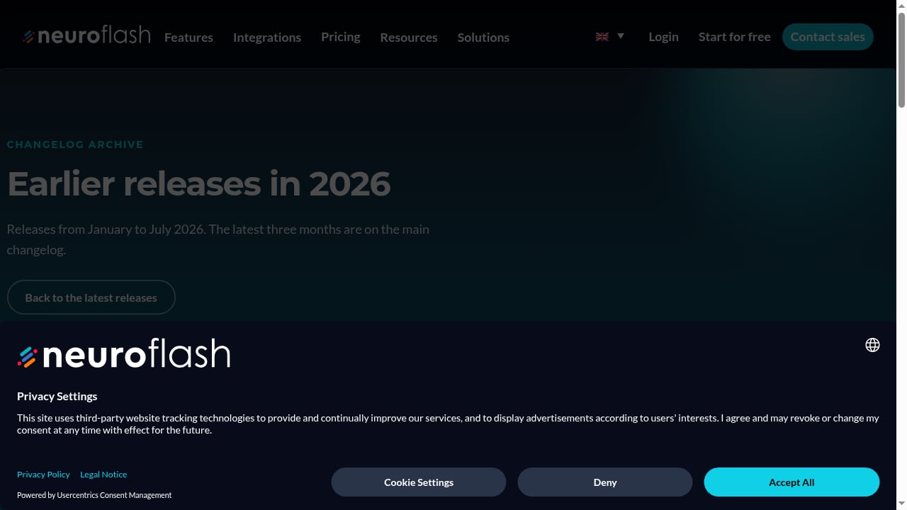 First viewport screenshot of Changelog archive