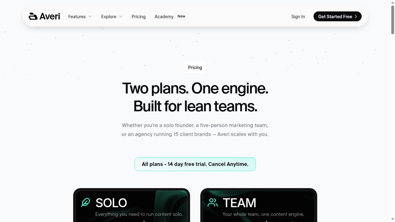 First viewport screenshot of Averi Pricing — Start Free, Scale as You Grow