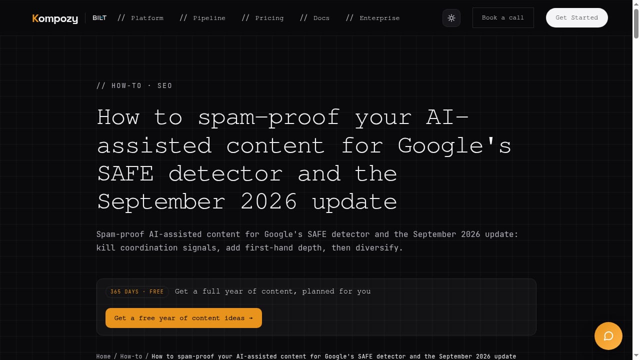 First viewport screenshot of How to spam-proof your AI-assisted content for Google's SAFE detector and the September 2026 update