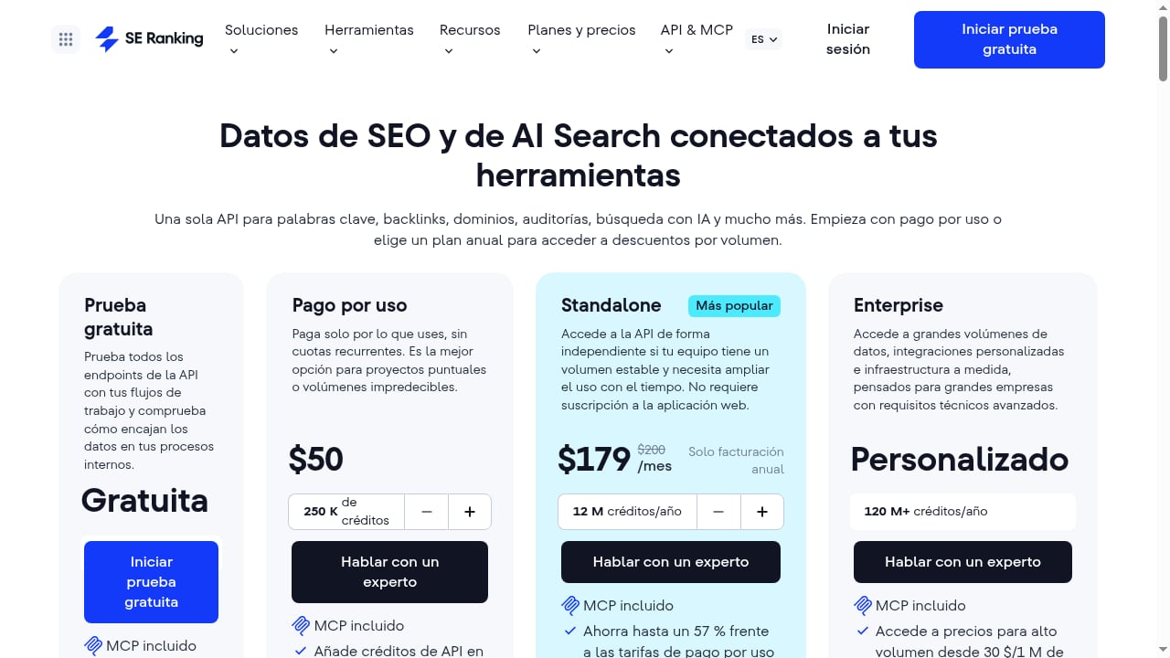 First viewport screenshot of Precios de la API de SE Ranking: prueba gratuita, pago por uso, planes anuales