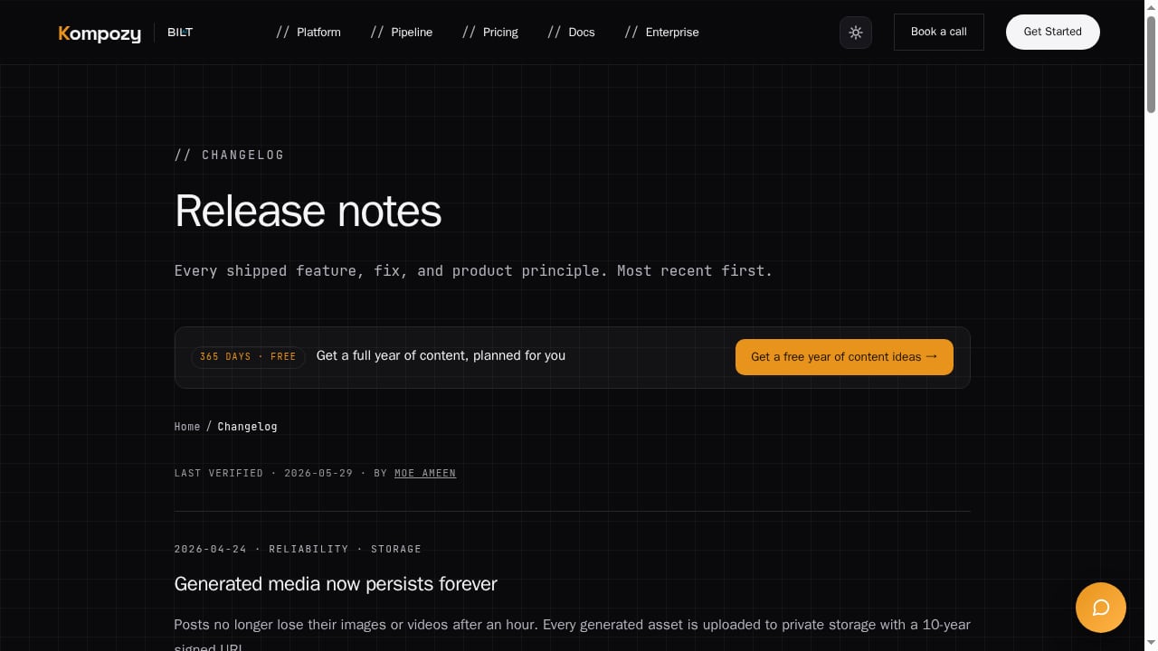 First viewport screenshot of Kompozy changelog — product updates and release notes