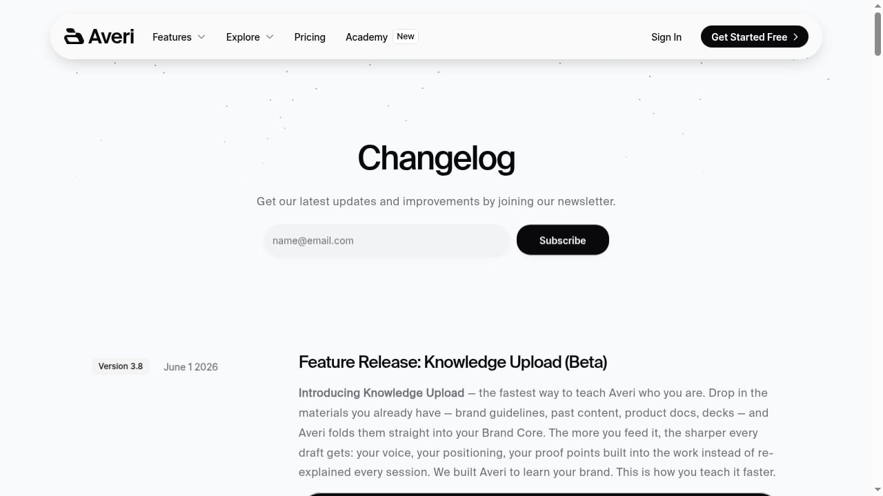 First viewport screenshot of Product Changelog — What’s New at Averi