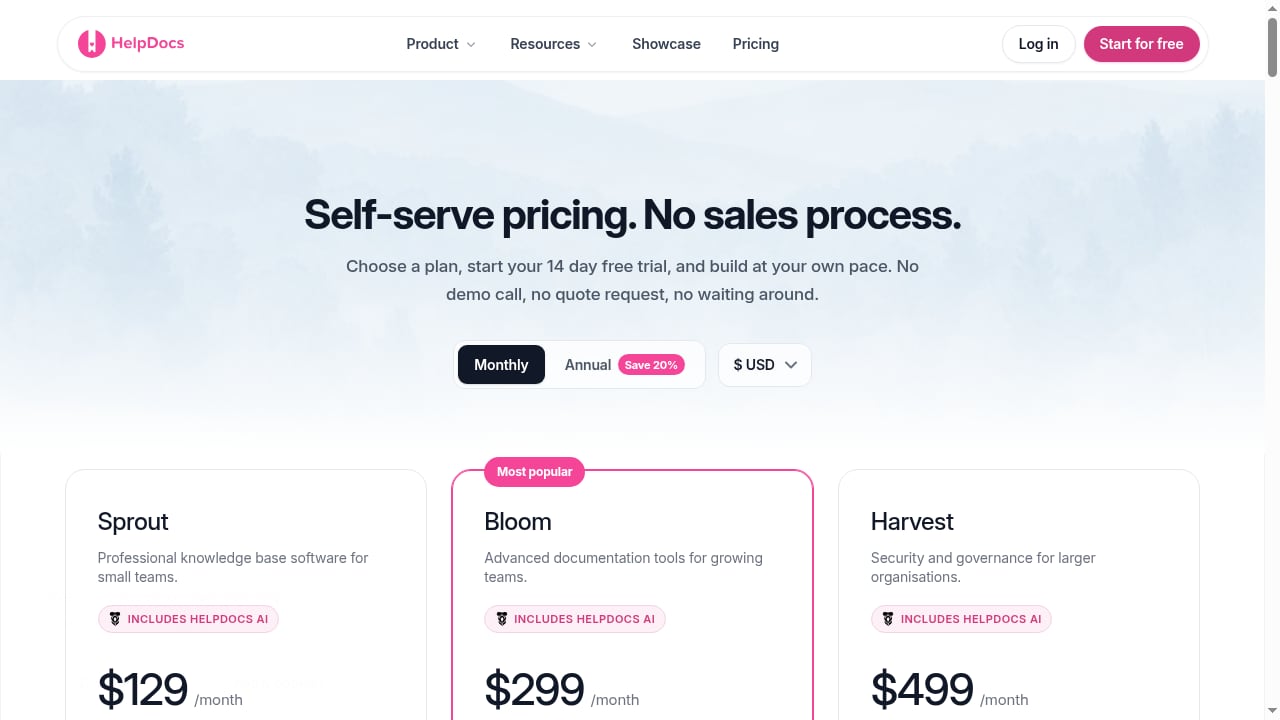 First viewport screenshot of Pricing - HelpDocs Knowledge Base Software