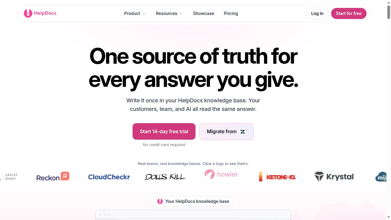 First viewport screenshot of Knowledge Base Software | HelpDocs