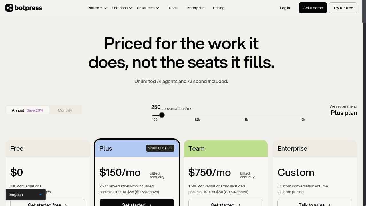 First viewport screenshot of Botpress Pricing