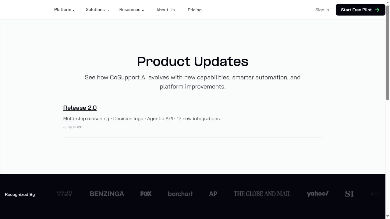 First viewport screenshot of CoSupport AI Product Updates