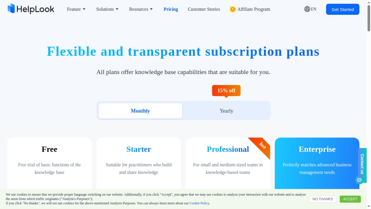 First viewport screenshot of HelpLook Pricing - AI-Powered Knowledge Base & Help Desk Software