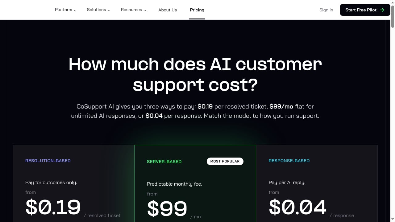 First viewport screenshot of Pricing for AI Customer Support - From $99/mo | CoSupport